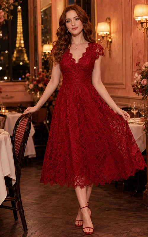 Red Lace Cap Sleeve Full Midi Valentine Dinner Dress