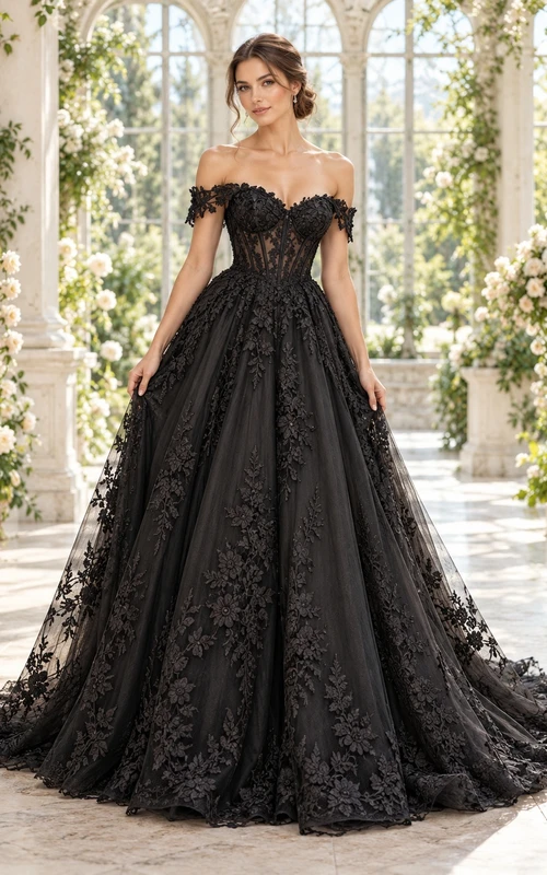 Black Off Shoulder Floral Panel Lace A-Line Bridal Wedding Dress