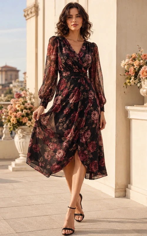 Vestido de invitada de gasa negro burdeos con escote en V y estampado floral, corte asimétrico.