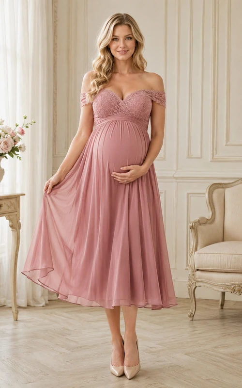 Robe de maternité vintage rose poudré à épaules dénudées en dentelle et mousseline, coupe trapèze, longueur thé