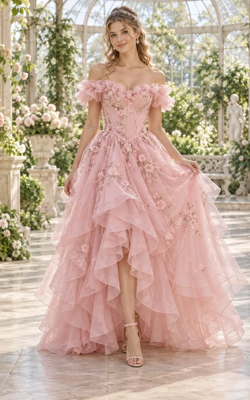 Robe de bal rose poudré à épaules dénudées et à volants en tulle fleuri des années 1980
