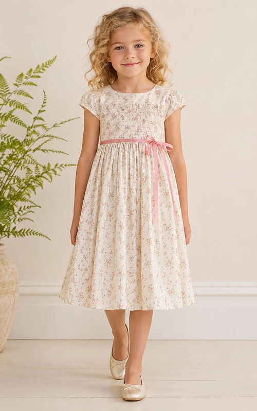 Vestido de niña de flores de gasa color marfil con corte en A, manga corta tipo casquillo, escote joya y falda hasta la rodilla con suaves pliegues.