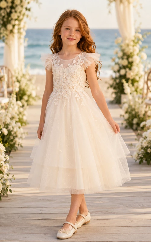 Champagnerfarbenes Tüll-Blumenmädchenkleid mit Spitzenkappenärmeln