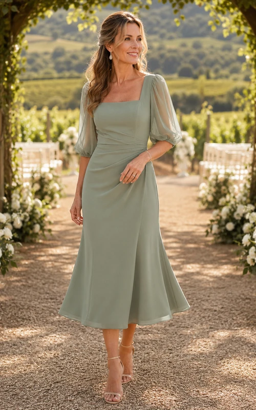 Modernes, eckiges Chiffonkleid mit halben Puffärmeln, taillierter Silhouette und ausgestelltem Rock in Teelänge, ideal für die Mutter der Braut im Freien