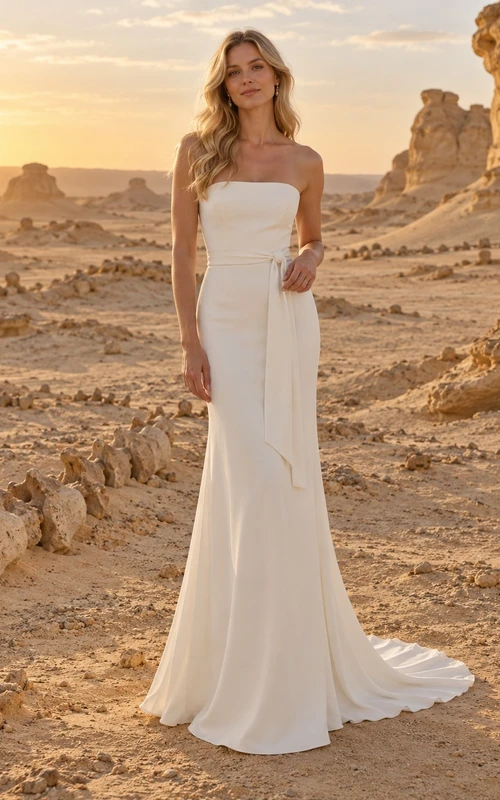 Vestido de novia sencillo, sin tirantes, de satén, con corpiño liso, cintura natural y cola larga hasta el suelo.