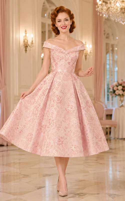 Zartrosa Taft-Kleid, schulterfrei, ärmellos, A-Linie, Teelänge, Vintage-Partykleid