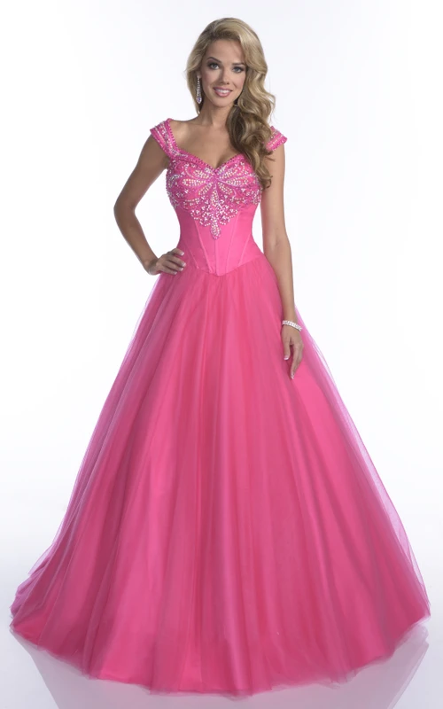 Robe de quinceañera en tulle à manches courtes et coupe trapèze, ornée d'un haut en cristal