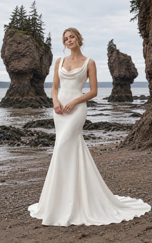Strandhochzeitskleid mit Wasserfallausschnitt, breiten Trägern, Satinrücken und Crêpe-Meerjungfrauen-Schleppe