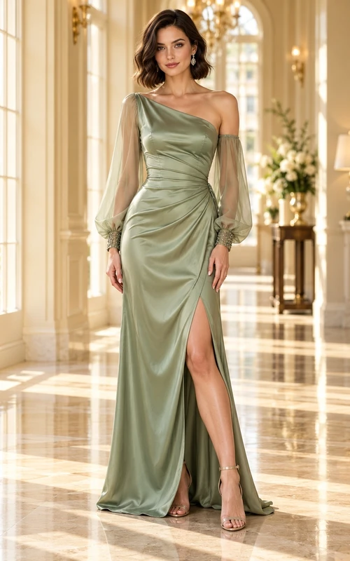 Sage One-Shoulder Long Illusion Sleeve Draped Satin Evening Dress