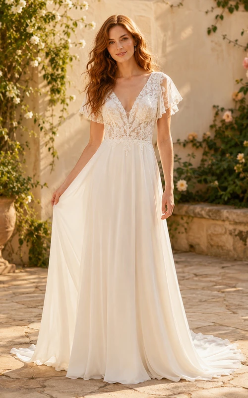 Vestido de novia de gasa y encaje para la playa, corte en A, escote en V, mangas con volantes y cola larga.