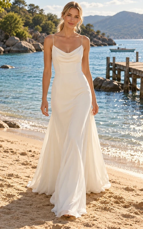 Vestido de novia sencillo de gasa con escote drapeado, tirantes finos y espalda descubierta.