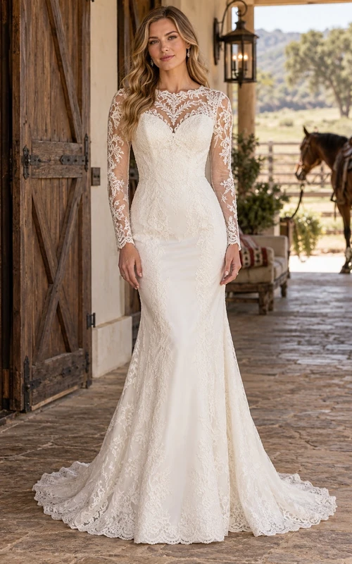 Country Mermaid Lace Wedding Dress with Jewel Illusion Neckline and Long Sleeves with Scalloped Train