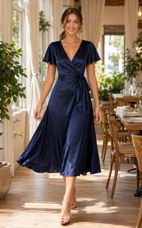 Robe de soirée midi portefeuille en satin bleu marine à manches courtes