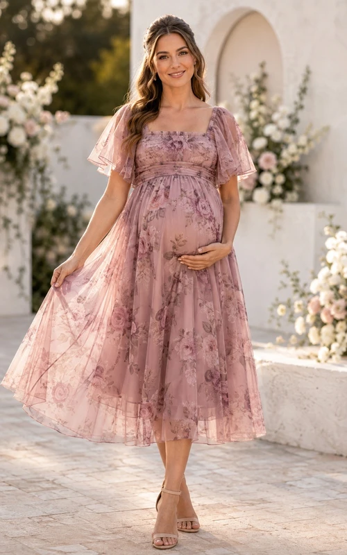 Vestido de maternidad de gasa fina color lavanda con escote en V, manga corta y corte en A hasta la rodilla