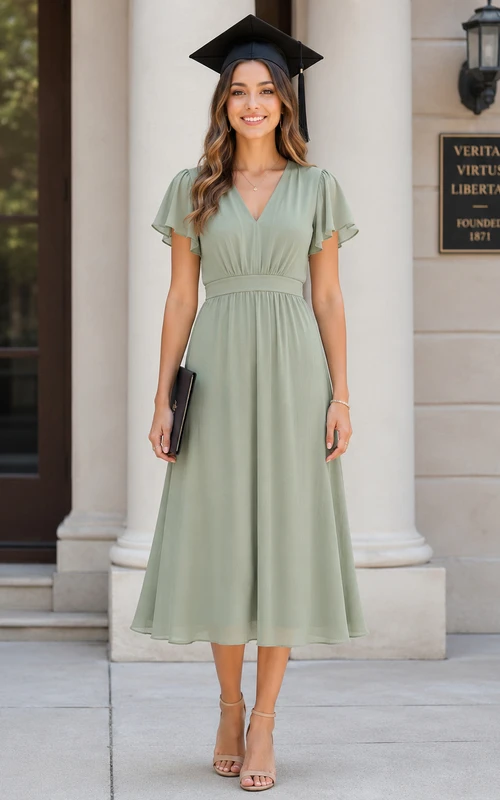 Robe de mariée en mousseline de soie à manches courtes, col en V, coupe trapèze, longueur thé, avec plis