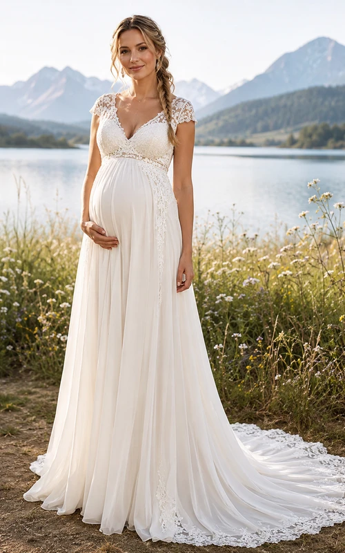 Maternity V Neck Lace Cap Sleeve Mountain Wedding Dress