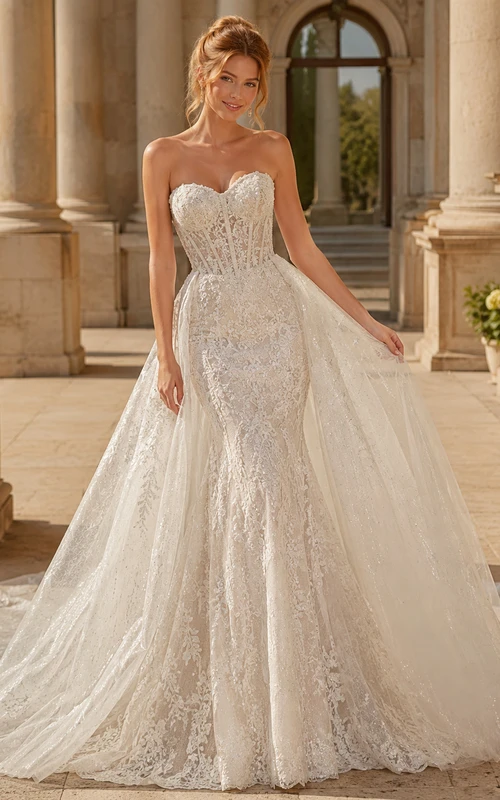 Robe de mariée de soirée en dentelle et tulle, bustier cœur, coupe trapèze, traîne chapelle, jupon amovible