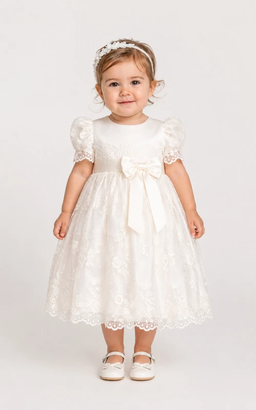 Baby Christening Gown Modest A-Line Puff Sleeve Tulle Lace Tea-Length with Bow Sash in Ivory