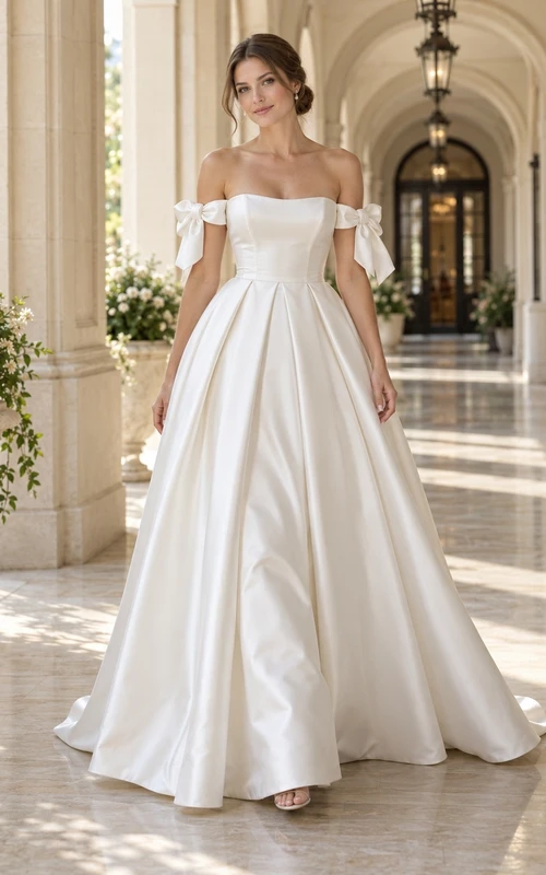 Vestido de novia sencillo con escote Bardot, corte en A, lazo de cinta, falda acampanada y bajo plisado de satén.
