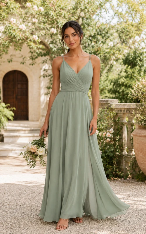 Vestido de dama de honor de gasa con tirantes finos y corte en A color verde salvia