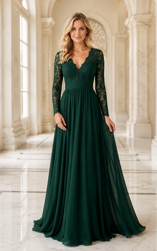 Dunkelgrünes Abendkleid in A-Linie mit V-Ausschnitt, Illusionsspitze, langen Ärmeln