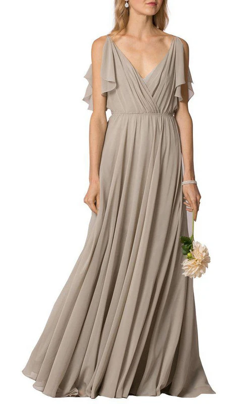 Chiffonkleid mit V-Ausschnitt, Raffungen und Knopfleiste am Rücken, bodenlang, bodenlang