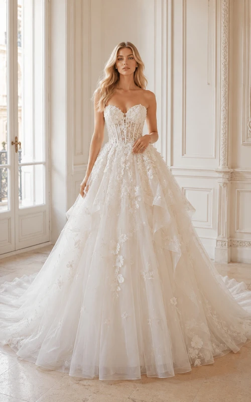Trägerloses, herzförmiges Brautkleid aus floralem Tüll mit Kapellenschleppe