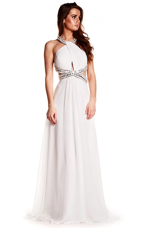 Vestido de fiesta de gasa sin mangas con escote halter y detalles de cuentas, con cola de cepillo.