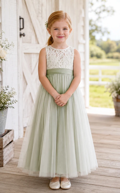 Salbeigrünes, ärmelloses A-Linien-Blumenmädchenkleid aus Spitze und Tüll mit Rundhalsausschnitt und Teelänge