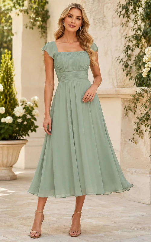Sage Cap Sleeve A-Line Midi Occasion Dress