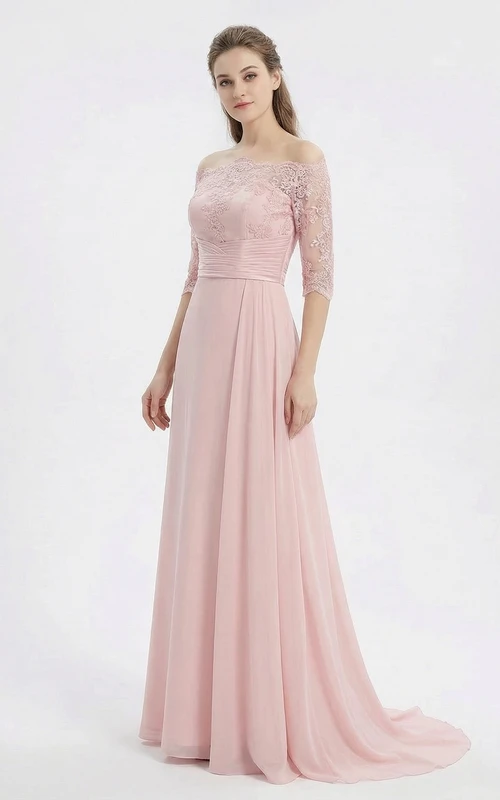 Robe de bal fourreau en mousseline à épaules dénudées avec appliques