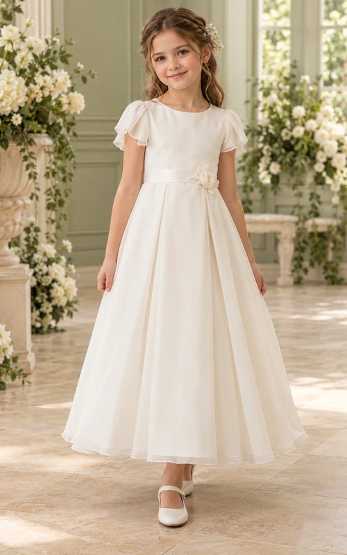Ivory Flutter Sleeve Floral Sash Ankle-length Chiffon Flower Girl Dress