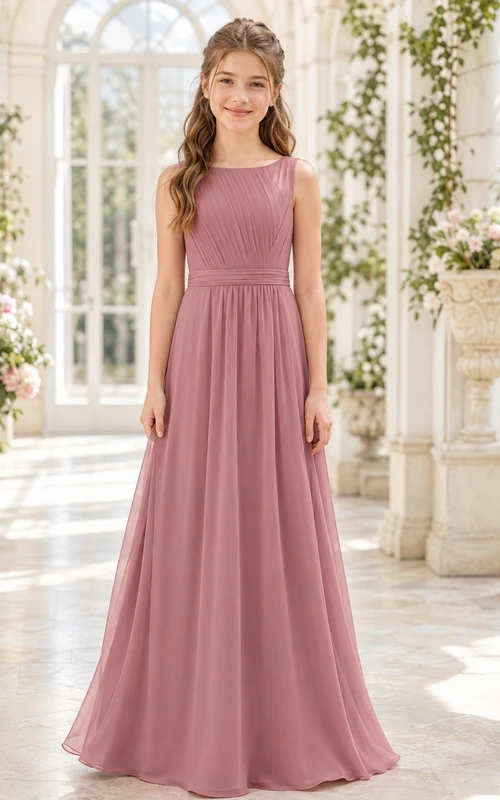 Romantisches, ärmelloses, bodenlanges A-Linien-Brautjungfernkleid in Altrosa aus Chiffon mit Schmucksteinen