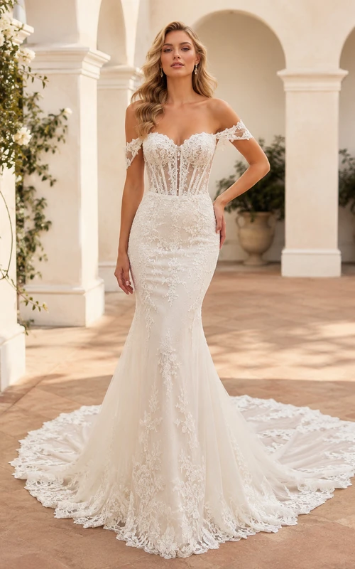 Robe de mariée sirène en dentelle florale à épaules dénudées et décolleté cœur, boutons illusion et traîne chapelle