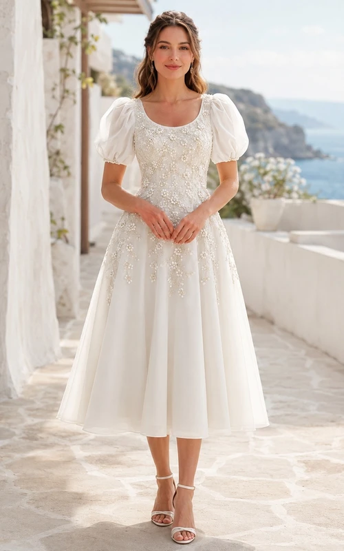 Pearl-Accented Scoop Neck Short Sleeve Chiffon A-Line Tea-Length Wedding Dress