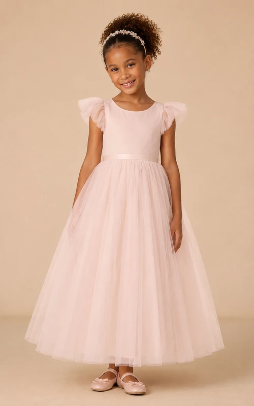 Zartrosa, langärmeliges A-Linien-Spitzenkleid für Blumenmädchen mit Schleife