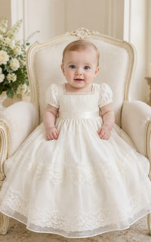 Square Neck Baptism Dress A-Line Tulle Lace Short Sleeve Knee-Length