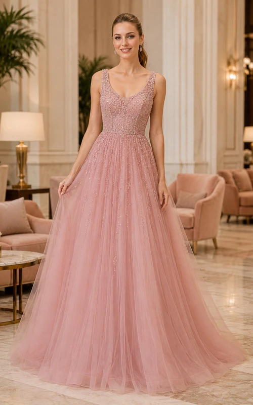 Vestido de fiesta de corte A de tul rosa empolvado con purpurina y corpiño con escote en V.