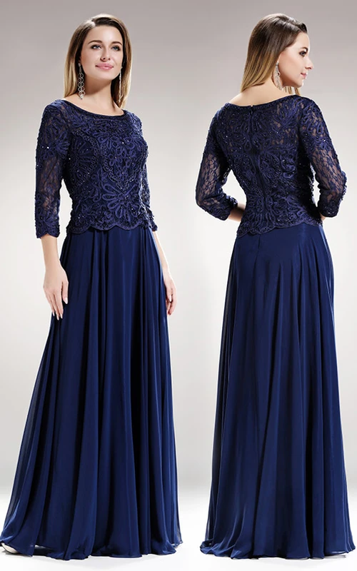 Langes A-Linien-Kleid mit U-Boot-Ausschnitt, 3-4 Ärmeln, Chiffon, Spitze, Reißverschluss und Falten