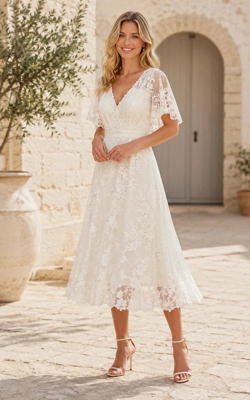 Vestido de invitada color marfil con escote en V, manga corta, encaje, espalda baja, corte en A y largo hasta la rodilla.