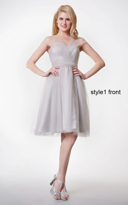 Robe courte en tulle froncée à manches courtes convertibles et plis
