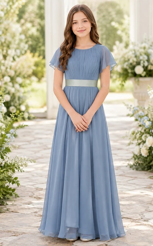 Schieferblaues Brautjungfernkleid in A-Linie mit Schmucksteinen, kurzen Ärmeln, elegant
