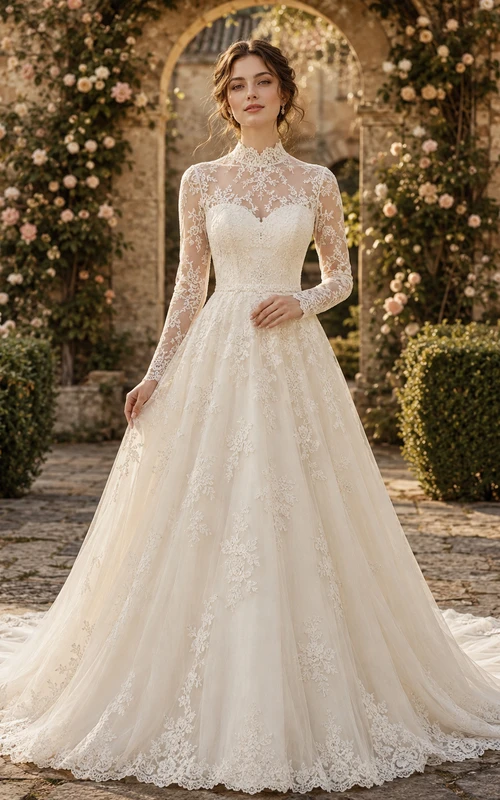 Modest Lace Tulle Wedding Dress A-Line High Neck Long Sleeve Chapel Train Bridal Gown