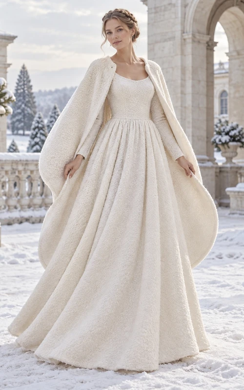 Modest Long Sleeve Scoop Neck A-line Wedding Draped Cape Dress