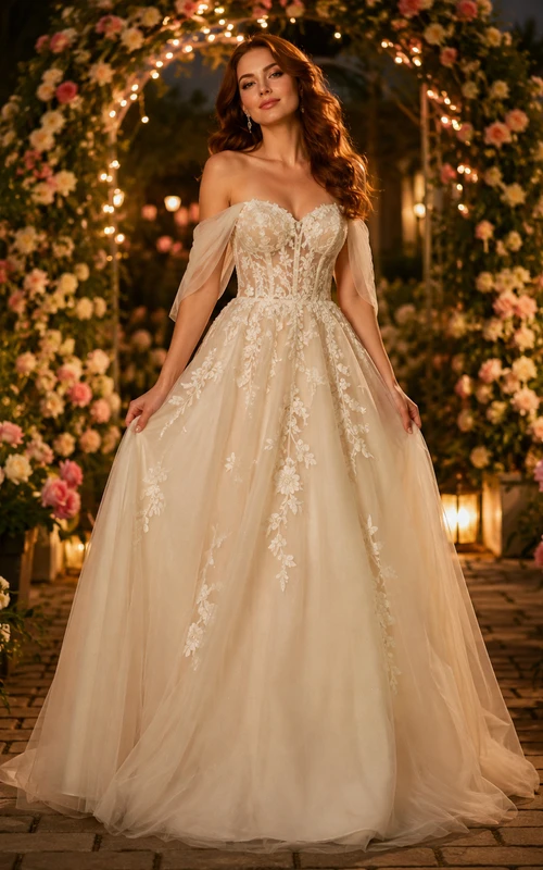 Champagnerfarbenes schulterfreies Brautkleid mit floralen Applikationen für den Abendgarten