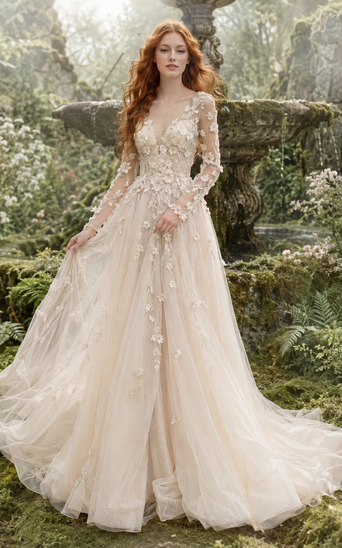 Märchenhaftes Brautkleid mit langen Ärmeln und floralen Applikationen