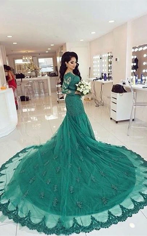 Robe de soirée sirène élégante à applications de dentelle et traîne courte, manches longues