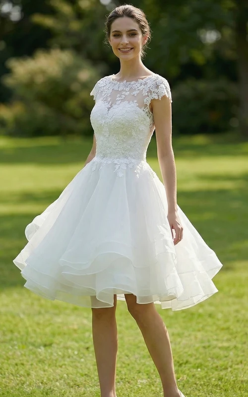 Minivestido de organza con cuello joya y mangas acampanadas