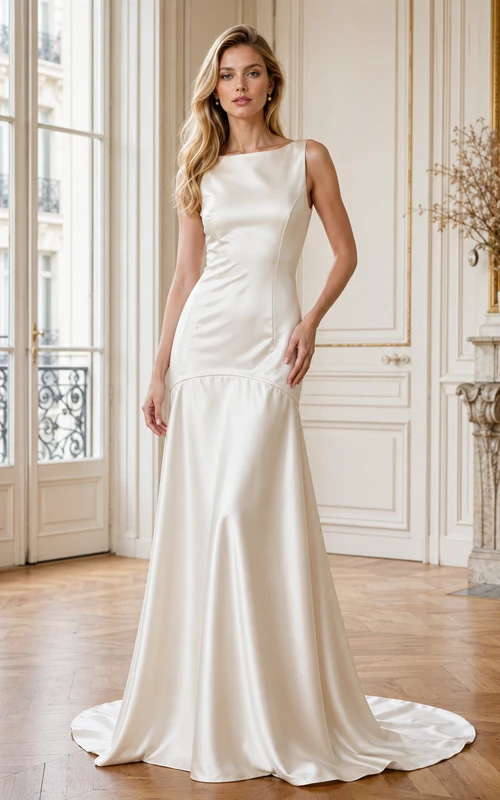 Vestido formal de sirena de satén con cintura baja y estilo barcoau