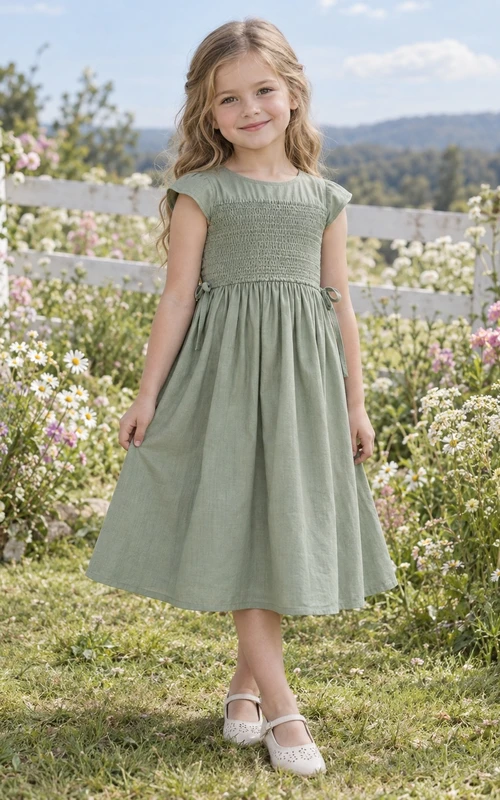 Simple Tea-length Sage Bateau Cap Sleeve Smocked Cotton A-line Flower Girl Dress